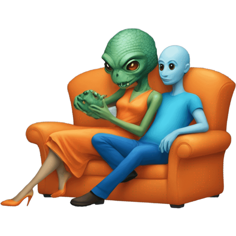 A reptilian alien woman in orange dress kissing human man in blue dress, on sofa emoji