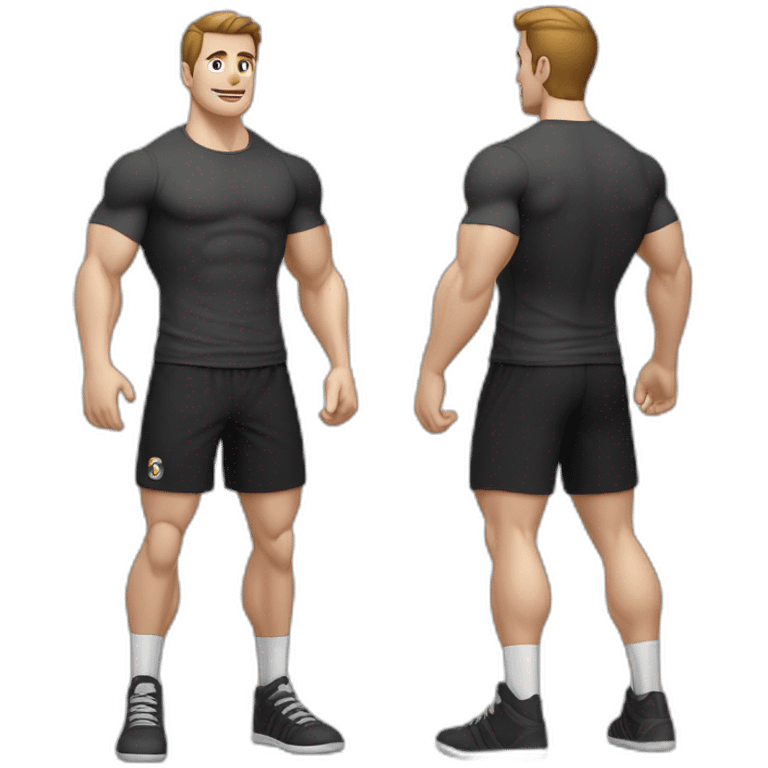 Pale skinned Fit Man With the biceps and dark brown hair in black shirt, gray sports shorts and white Sneakers Relies on the crossbar emoji