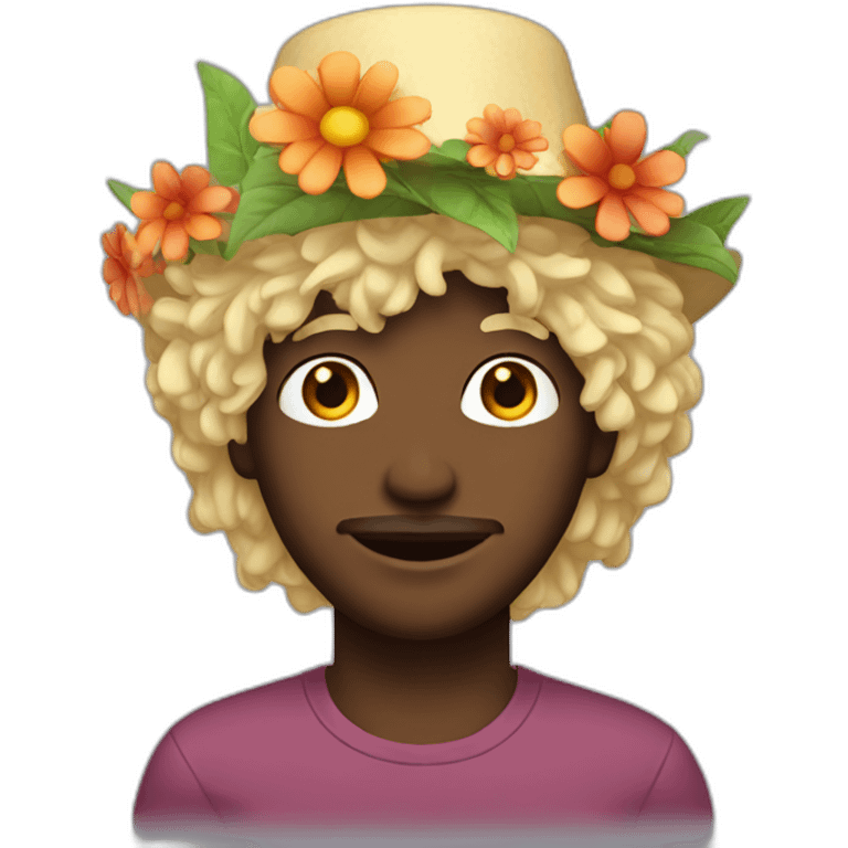 White man with stringy blond hair and flower hat emoji