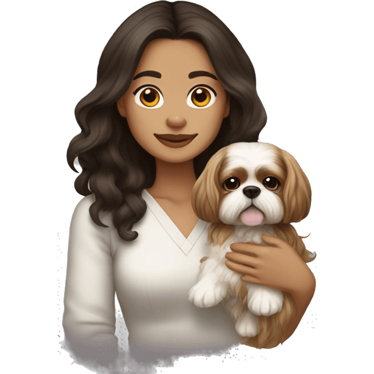 Young dark brunette medium kin hair woman with a golden shih tzu in her arms long wavy hair emoji