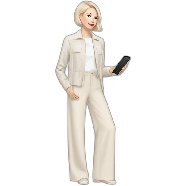 pale skin woman with ash blonde Straightened bob Hair, White Spacious classical jacket, beige palazzo Arrow pants and gray blouse holding white IPhone 14 pro in the hands emoji