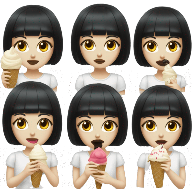 Portrait Girl wearing chanel pale skin with long black  bangs eating icecream  emoji