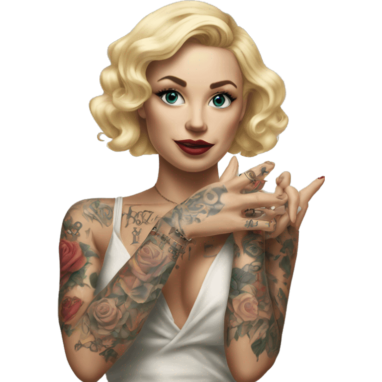 Blonde elegant women, her Body Covered with Tattoos, POINTING YOU with her HAND , Hyper realistic emoji