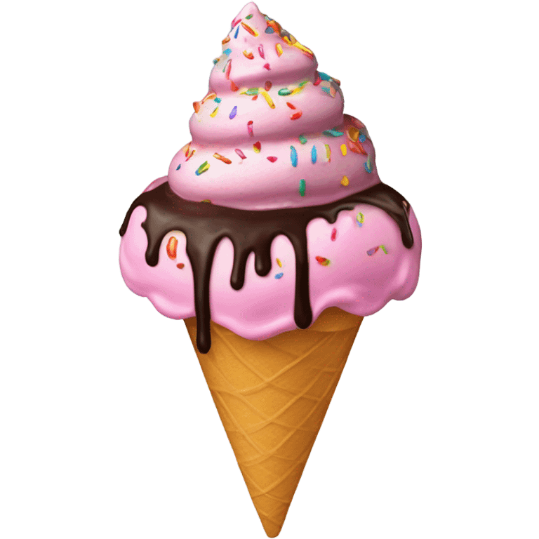 pink ice cream with rainbow sprinkles, chocolate sauce, and one cherry on top in a cone emoji