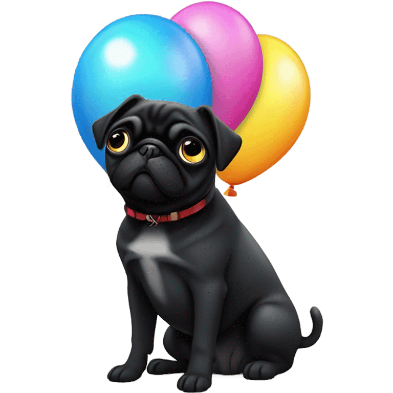 Black pug  and a ballon that says  “I’m sorry” emoji