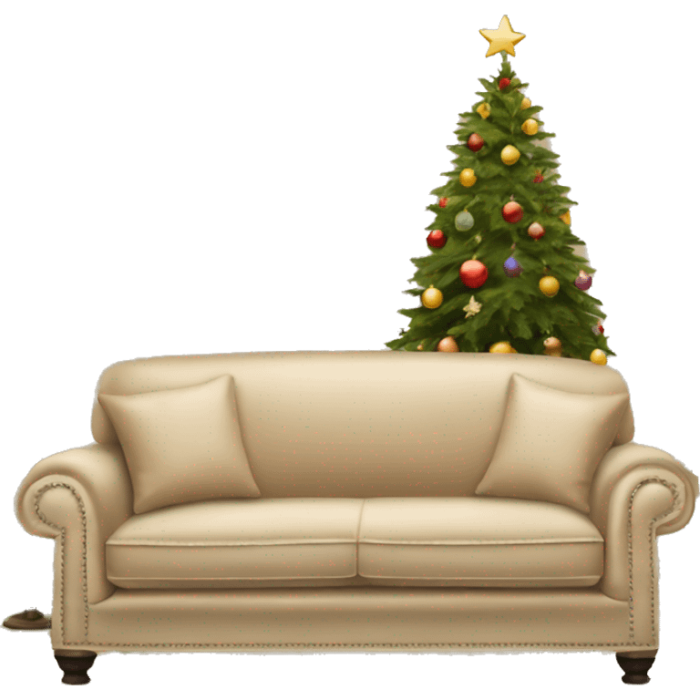 beige sofa books and christmas tree emoji