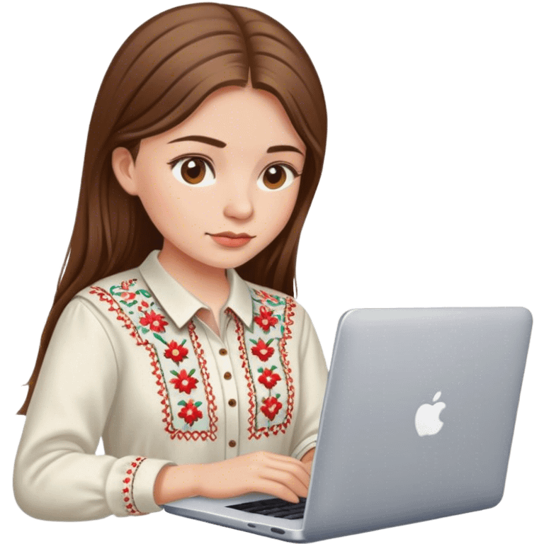 A Ukrainian girl with brown hair in an embroidered shirt works at her laptop emoji