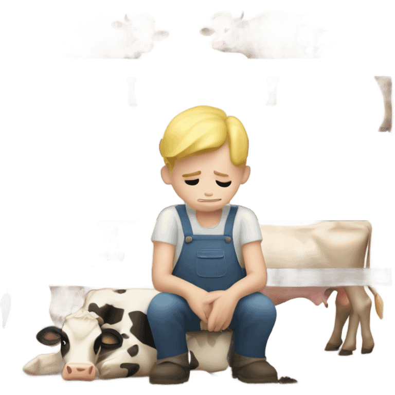 Farm boy with blonde hair is milking cow. But he is sad emoji