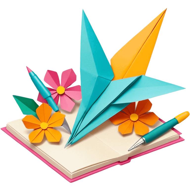 "Paper crafting icon, various paper crafts like origami, paper flowers, and scrapbooking materials, visible tools such as scissors, glue stick, and paper sheets, colorful paper patterns, minimalistic style, clean lines, transparent background." emoji