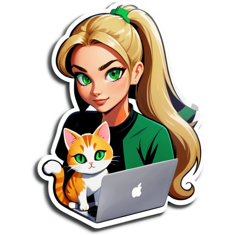 Blonde woman ponytail green eyes with cat and MacBook emoji