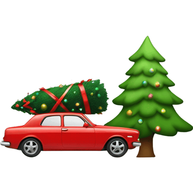 A red car with a Christmas tree in the trunk emoji