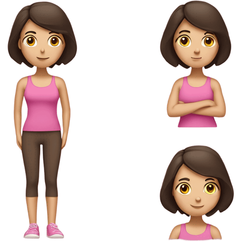 white girl with dark brown hair in the zen, cross-legged position, like the zen emoji. Wearing a pink tank top emoji