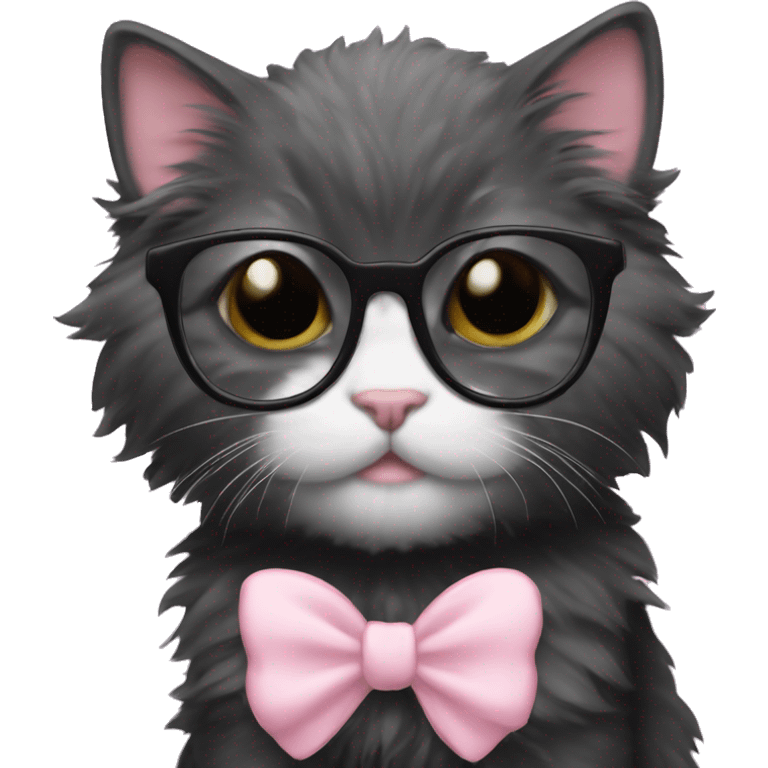 fluffy black kitten nerd with glasses and light pink bow emoji