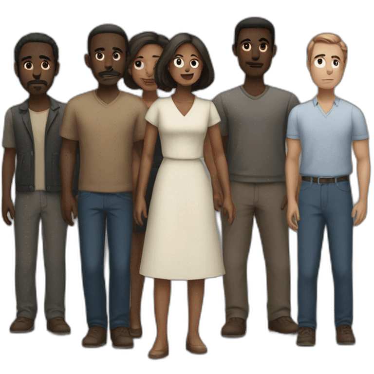 six dark-skinned men stand behind a pale woman emoji