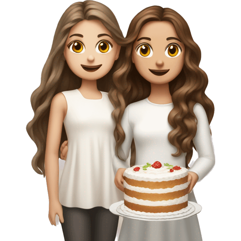 girl with long wavy hair and Russian girl with brown straight hair together holding big white cake emoji