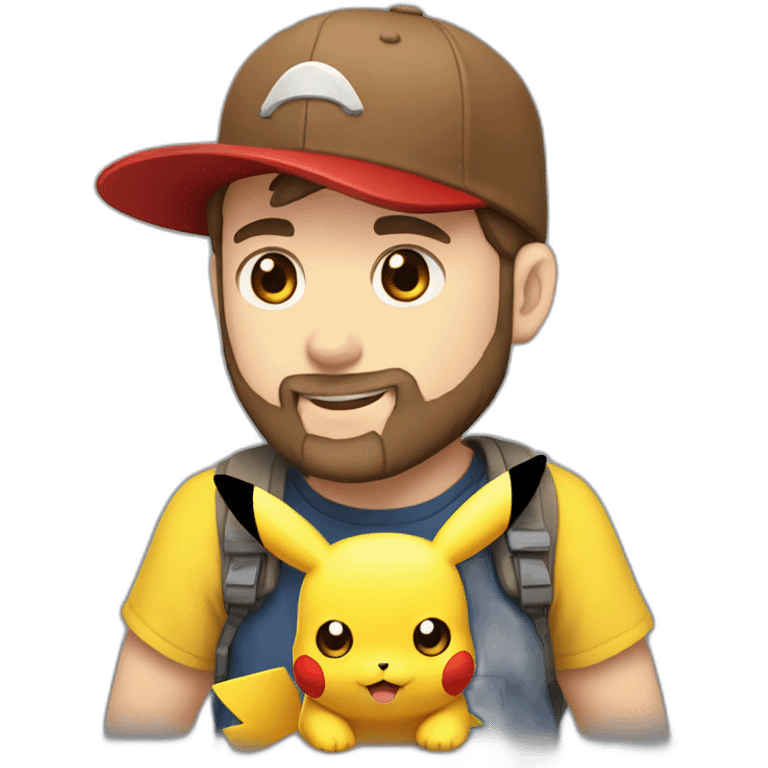 white man with brown hair and beard and a red cap, holding and a pikachu pokemon emoji