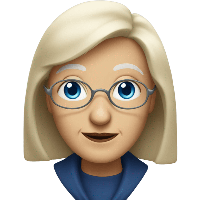 Aged crone woman, shoulder length blonde hair with bangs, blue eyes with wisdom emoji