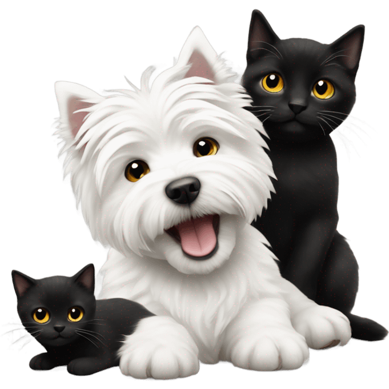 White West highland terrier playing with a black cat emoji