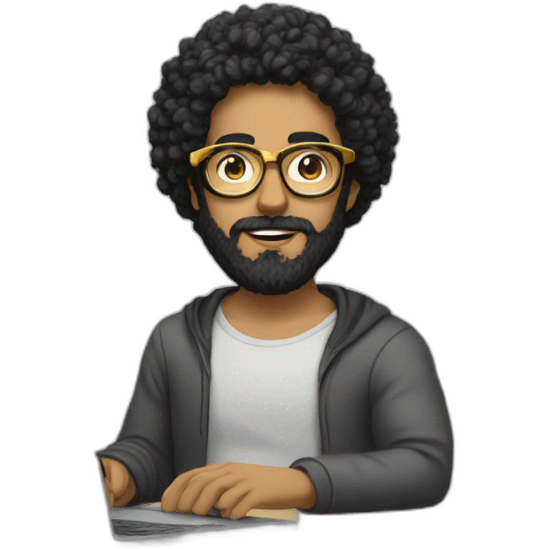 men with black curly hair and beard and golden glasses work hard on computer emoji