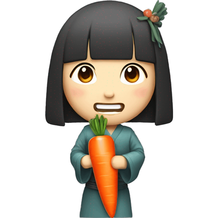 Japanese girl with dagger teeth holding a carrot emoji