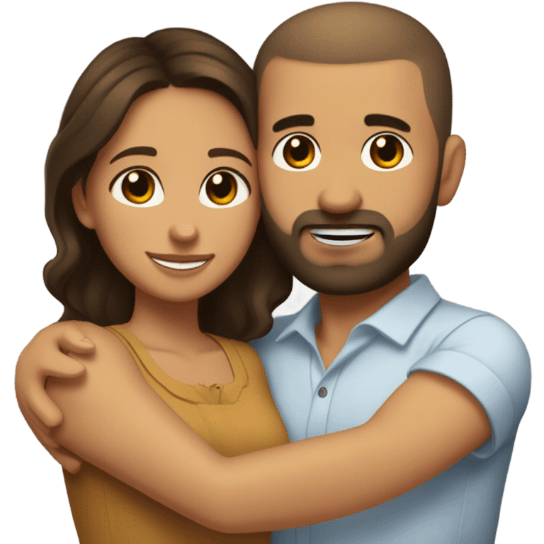 Brown-haired Puerto Rican woman with dark brown eyes wearing a cute blouse giving comforting hug to short, bald man with brown eyes, laugh lines, and a beard emoji