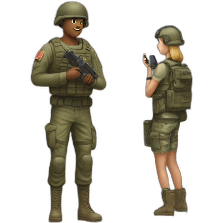 A soldier playing computer game while his non-soldier girlfriend Stands in the door emoji