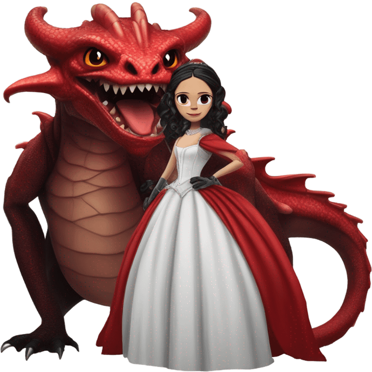 Lavish Victorian evening gown with gloves, Jenna Ortega as Addams Jedi wearing a mini tiara, standing next to a very large blood red evil-looking horned firedragon emoji