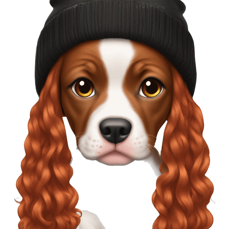 Long Red haired woman in beanie with septum piercing holding black and white English Staffordshire puppy emoji