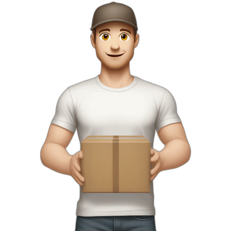 Pale skinned fit Man with dark brown hair in a light gray cap, dark brown jeans, brown polo and white T-shirt keeping a pasted with tape white box into his hands emoji