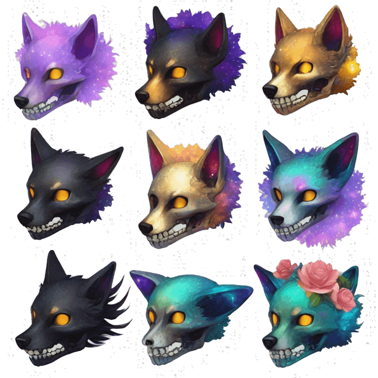 Black iridescent fluffy dog fox head skull zombie skull skeleton skull gold mechanical steampunk raven wings nebula galaxy stars colorful flowers fairy lights vintage emoji