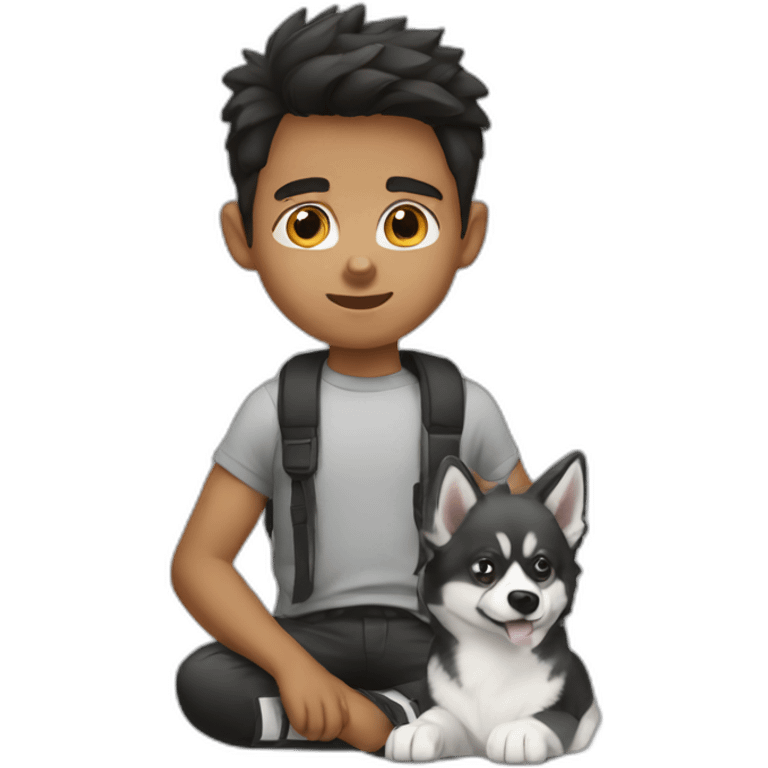 a-boy-accompanied-by-pomsky-black-white emoji