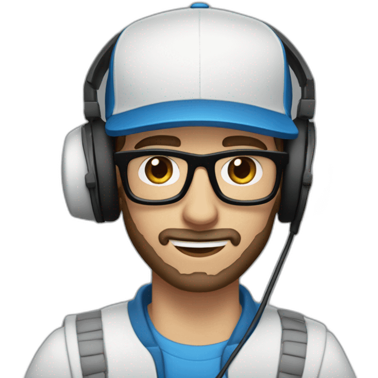 blue eyed scruff white man in a backwards baseball black hat and rectangle glasses wearing headphones with microphone - brown hair emoji