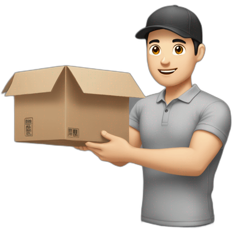 Pale skinned fit Man with black hair in a gray cap and gray polo T-shirt keeping a pasted box into his hands emoji