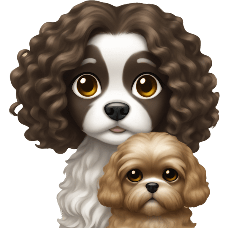 Young dark brunette curly kin hair woman with a golden shih tzu in her arms long wavy hair emoji