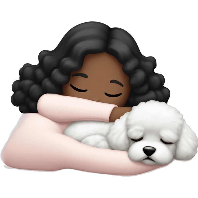 White girl black hair sleeping with Mini Bichon emoji