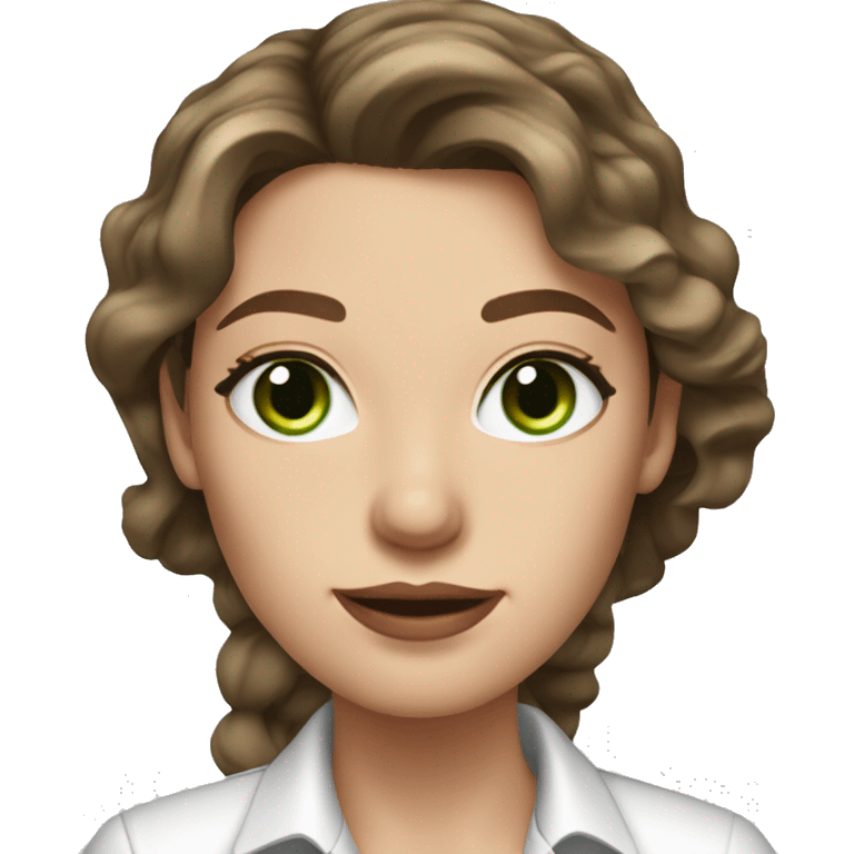 female real state agent with long wavy brown hair an green eyes with nice pinkish lips dressed with a white shirt and a few freckles emoji