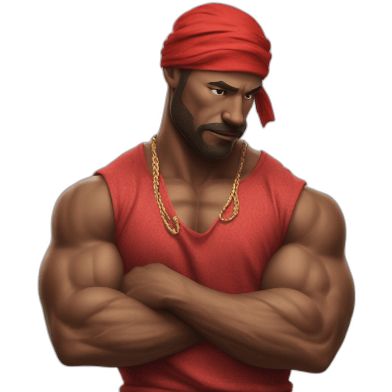 muscular man in red bandana standing sideways turns his head to face the viewer,his hand is bent in the elbow,torso emoji