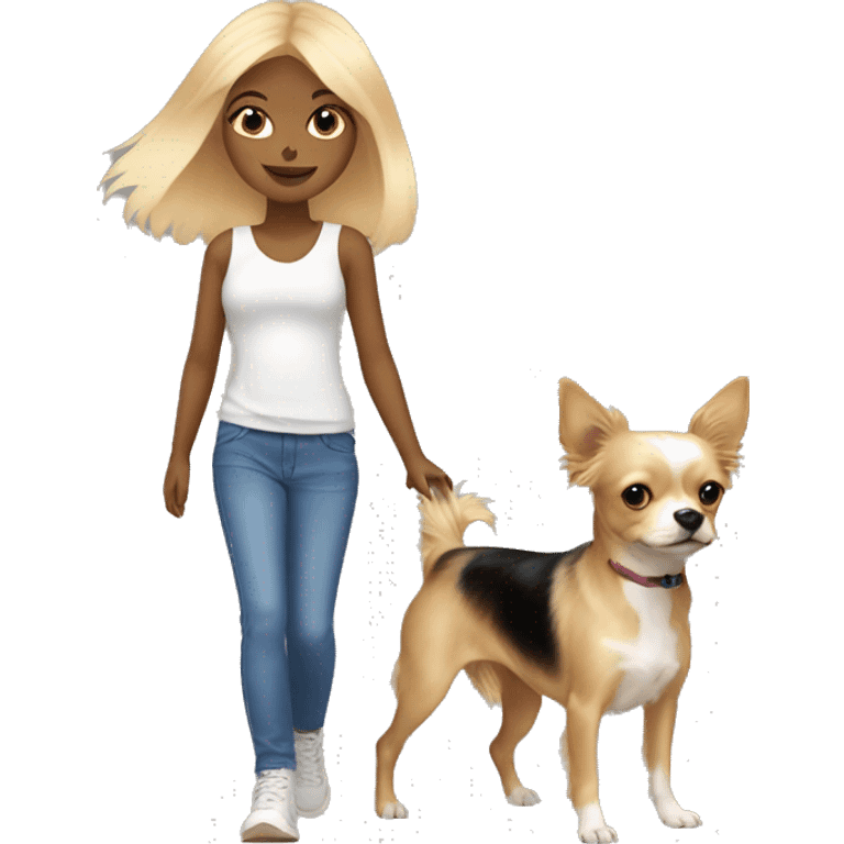 blonde hair blue eyed girl walking her chihuahua and yorkie emoji