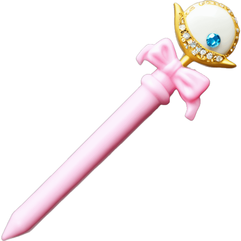 Sailor moon wand. Crescent moon on top with diamond in the crescent. Pink wand handle with little diamonds and small white wing motifs emoji