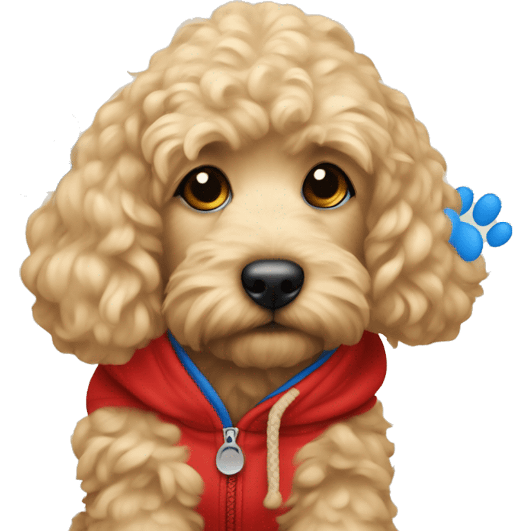 Blonde Cocapoo with red hoodie and blue dog paw prints  emoji