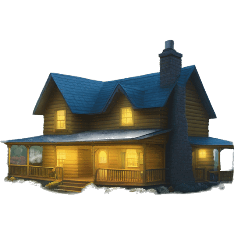  very very big Cabin near a big tree.  Thick moss growing on the roofs. The cabin thick grass fields. porch lights turned off. bright white interior lights turned on. guests sitting in chairs on the porch, flowers and bushes yellow and blue, near Scooby  emoji