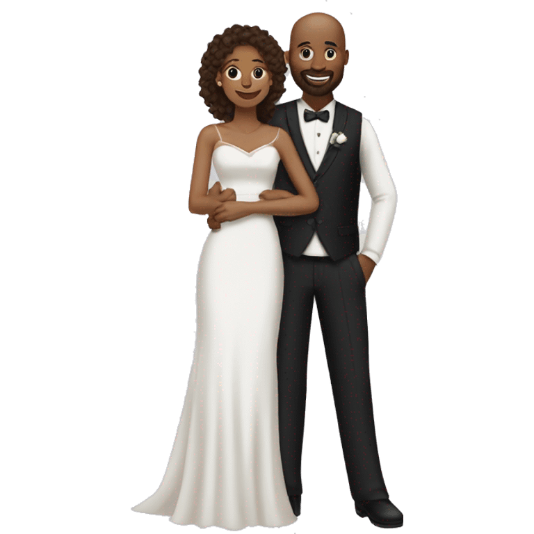 Black bald man with a beard and his wife with long, brown, curly hair on their wedding day emoji