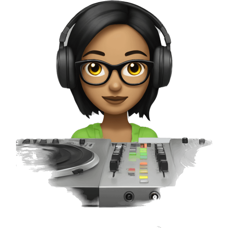 Girl with light olive skin and black hair with glasses on with headphones on a dj mixer emoji