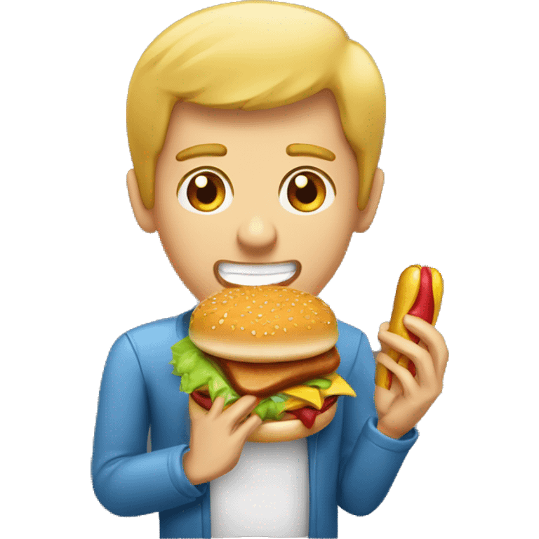 Guy eating a hamburger and a corn dog emoji