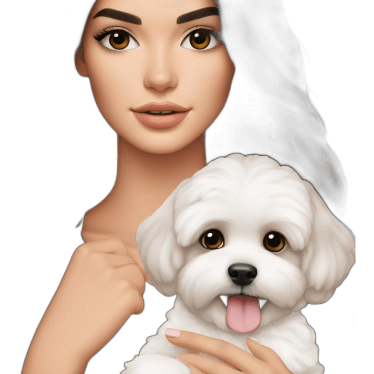 brunette Kendall Jenner with long hair holding on the hands white maltipoo wear on pink collar emoji