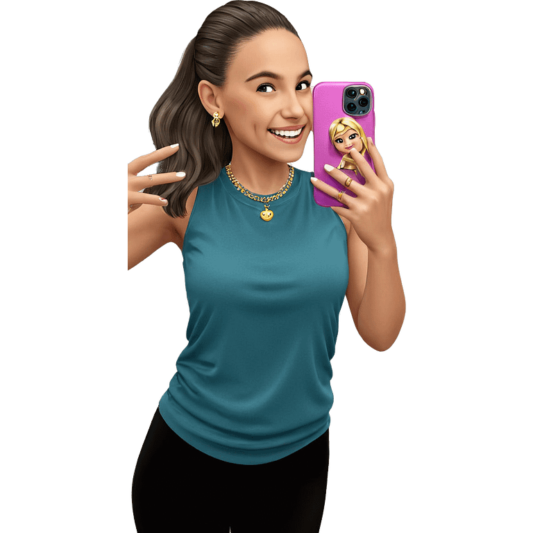 smiling girl takes selfie with jewelry emoji