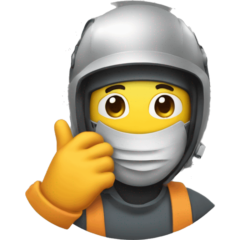 The welder lifts his mask and says hello emoji