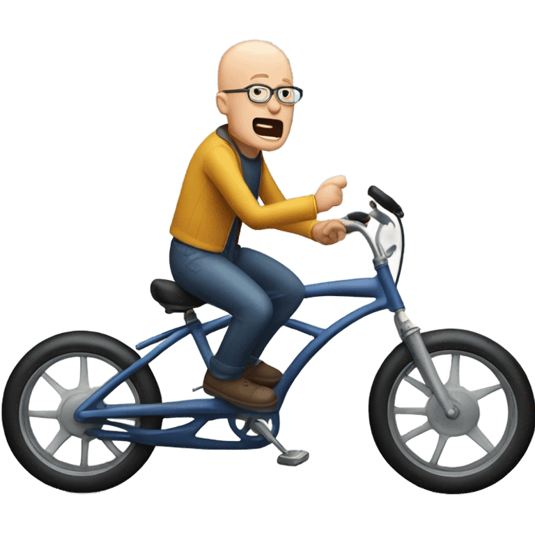 A half bald man riding a bike with a thought bubble yelling band emoji