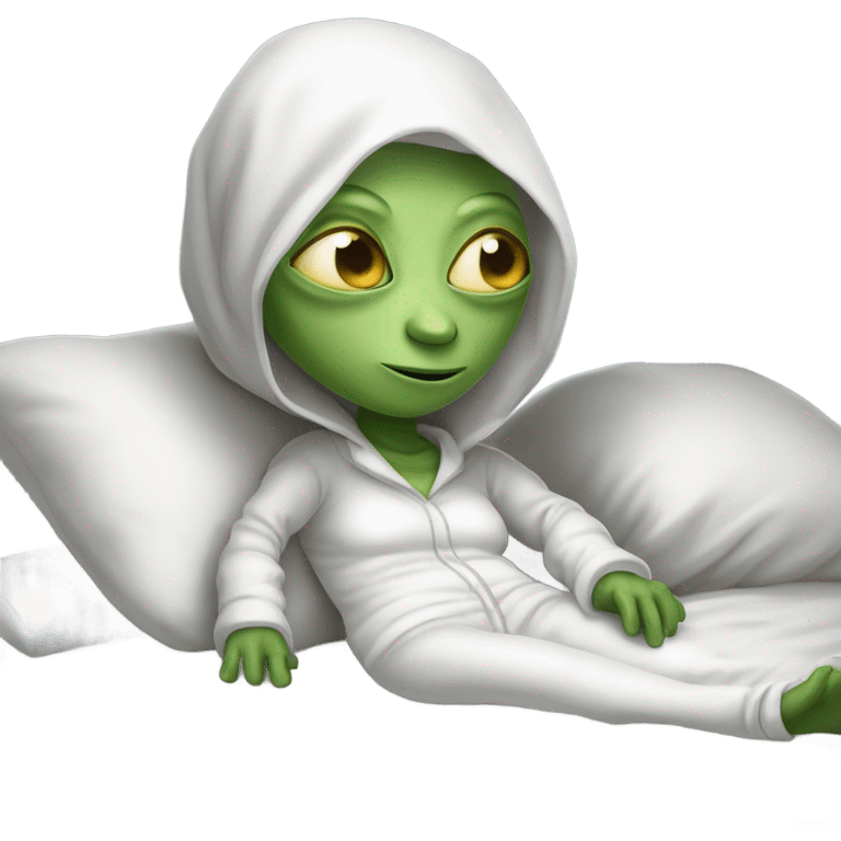 Reptilian alien woman, in white in pajamas, sleeping to bed emoji