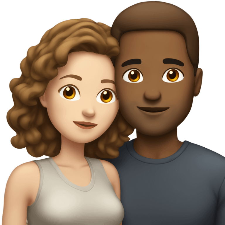 Mixed race man, white woman with shoulder length brown hair kissing  emoji